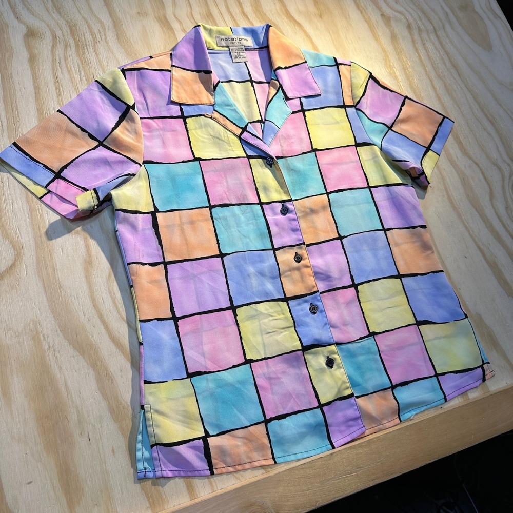 Notations Petite PS Womens Multicolor Pastel Geometric Grid Button Up Shirt